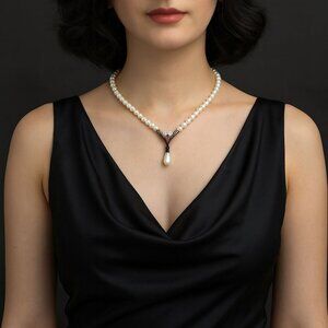 Vintage Faux Pearl Necklace w Center Rhinestone Pearl Drop - 15" Choker